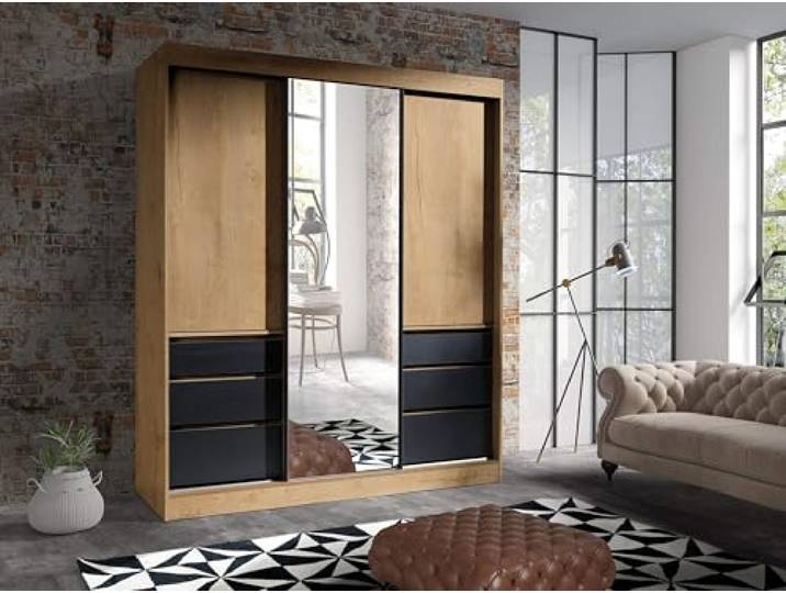 FurnitureByJDM Kleiderschrank mit Spiegel Schiebetürenschrank 180 cm Breit 3 Schiebetüren, 2 Kleiderstangen & 3 Schubladen – Haiti (Eiche Lefkas/Schwarz)