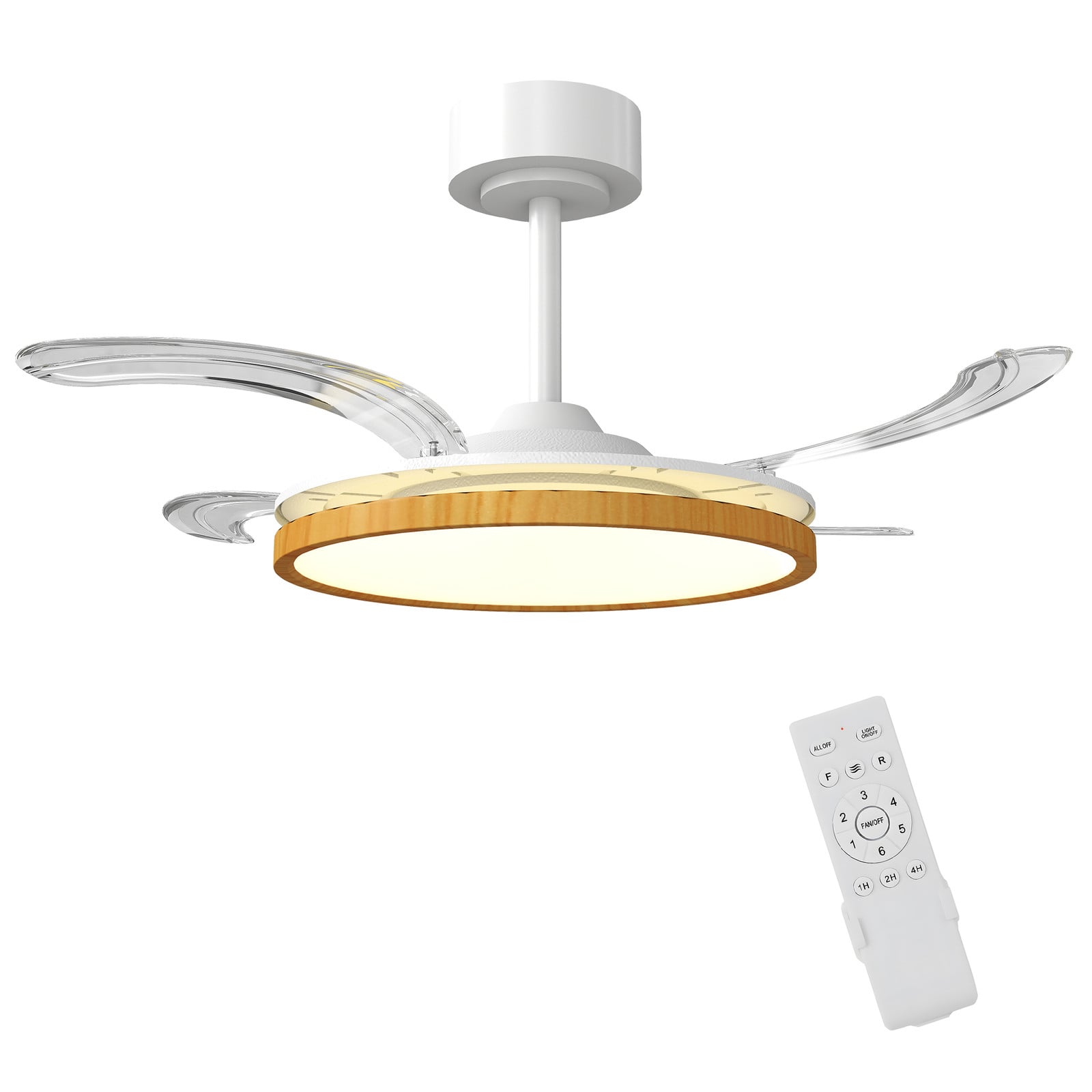 HOMCOM Plafondventilator met LED-verlichting en afstandsbediening, 95 cm, moderne ventilator met intrekbare bladen, naturel