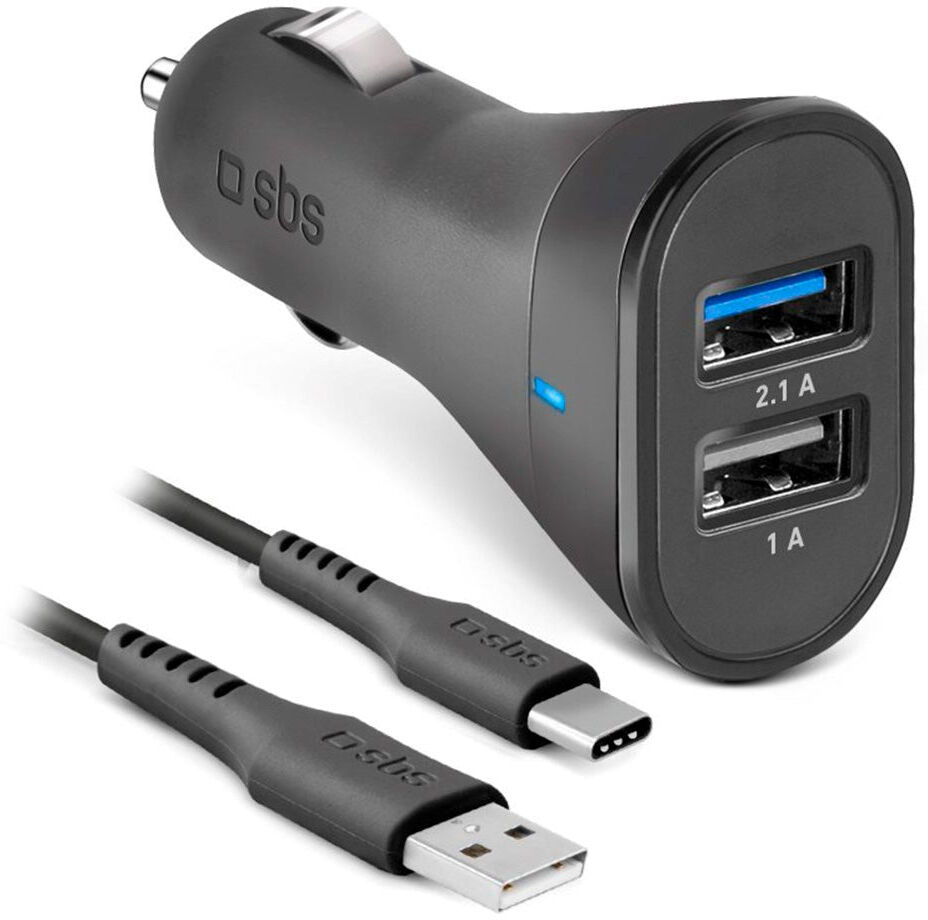 SBS 10W Biloplader Sæt m. 2 x USB-A & USB-C Kabel - Sort