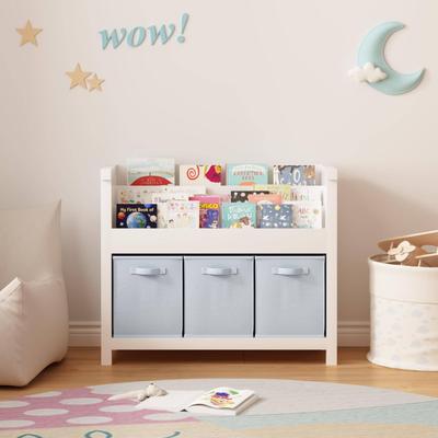 Kodotan sofa Kids Bookshelf with 3 Tier Front-Facing Storage and 3 Fabric Bins, Wooden Toddler Bookcase for Playroom, Nursery, Bedroom
