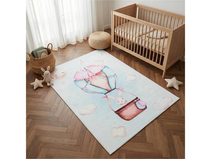 Tapis enfant TAPISO KIDS Lapin Montgolfière - Tapis chambre enfant motif nuages et étoiles rose et bleu pastel 200x300