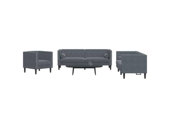 HEFZGDB Dunkelgraues Samt Chesterfield Sofa Set 3-TLG. mit Nackenrollen, Polster Sitzgruppe für Wohnzimmer, Tufting Design und Stabile Holzbeine, Bequeme Sitzflächen