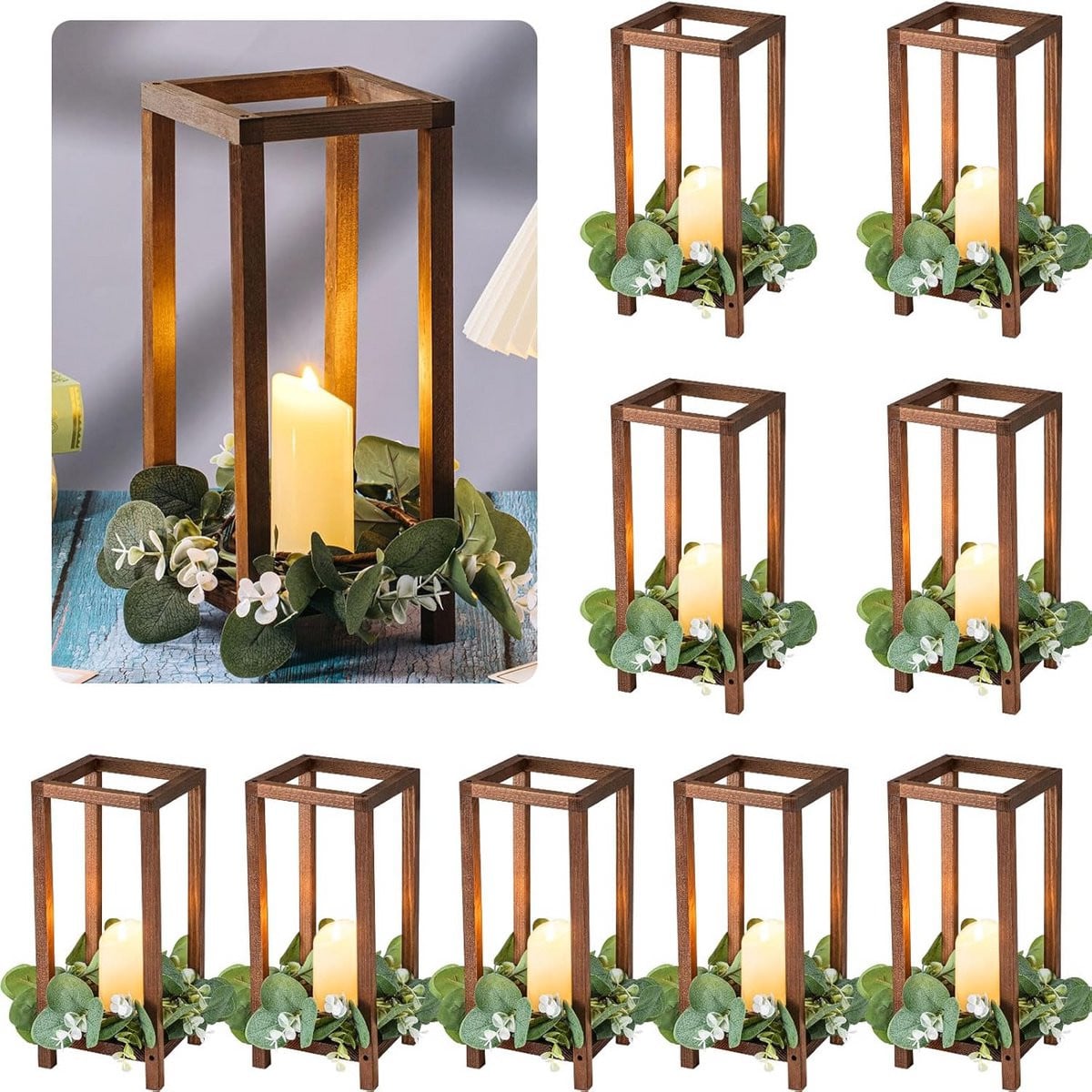 10 stuks Houten Kaarslantaarn Bruin - 33 cm Rustieke Lantaarn Decoratie voor Tafel en Open Haard