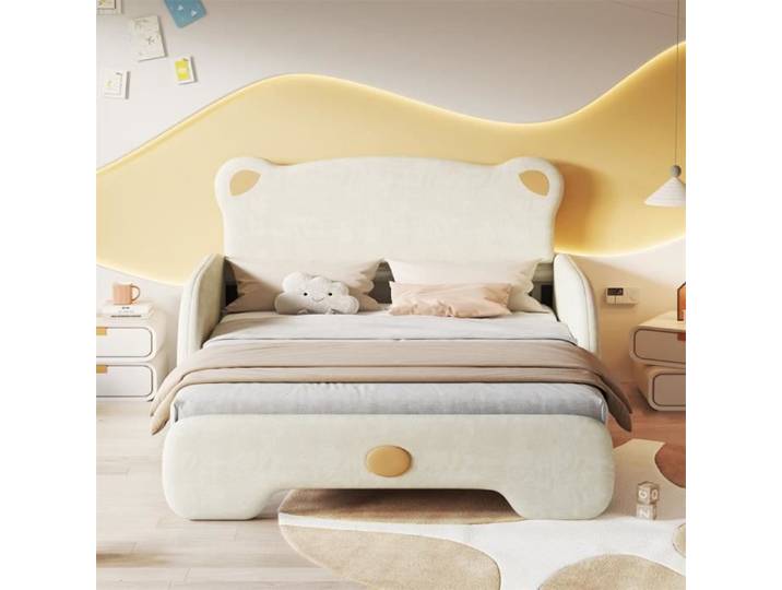 DRIPEX Lit Enfant en forme d'ours 140x200cm lit gigogne lit rembourré avec bords de protection souples Beige