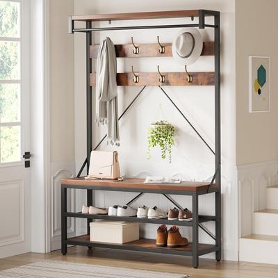 Garvee Coat Rack Shoe Bench Industrial Hall Tree with Bench, Shoe Storage, Hanging Bar and 8 Hooks