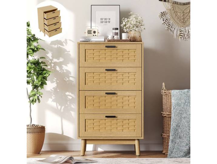 Commode chambre 4 Tiroirs avec rangements - Tressage Rotin Simulé - Commode Bois Bureau/Salon -Style Scandinave - 55x39.8x95cm