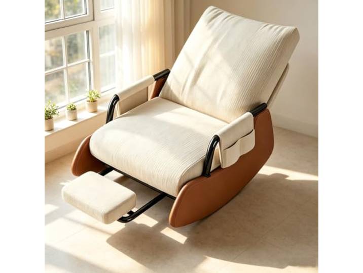 Ergonomischer Ruhesessel – mit Breiter 60cm Sitzfläche Bequemer Schaukelsessel mit 60cm breiter Sitzfläche und platzsparender Beinauflage fürs Wohnzimmer.