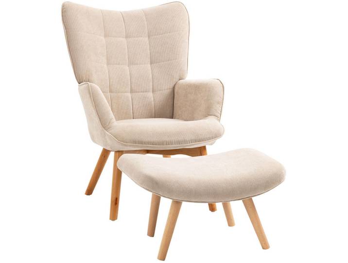 Redom Ohrensessel-Set Corduroy mit Hocker, Buchenholzbeinen 72/80/101 cm Beige, 80x101x72 cm, Wohnzimmer, Sessel, Relaxsessel