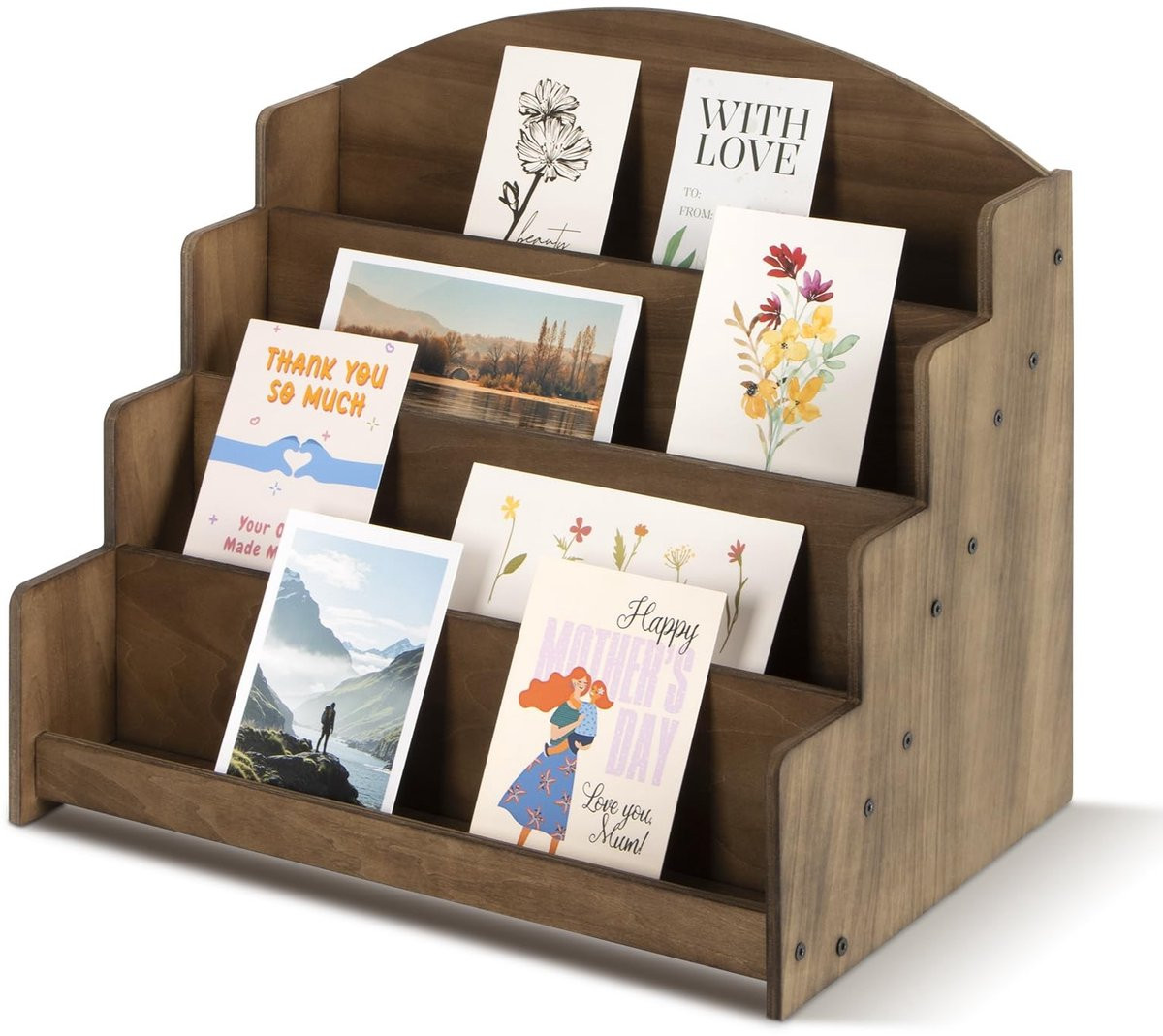 Omgoods Kaartenstandaard - 4-Laags Houten Display voor Postkaarten - Bruin