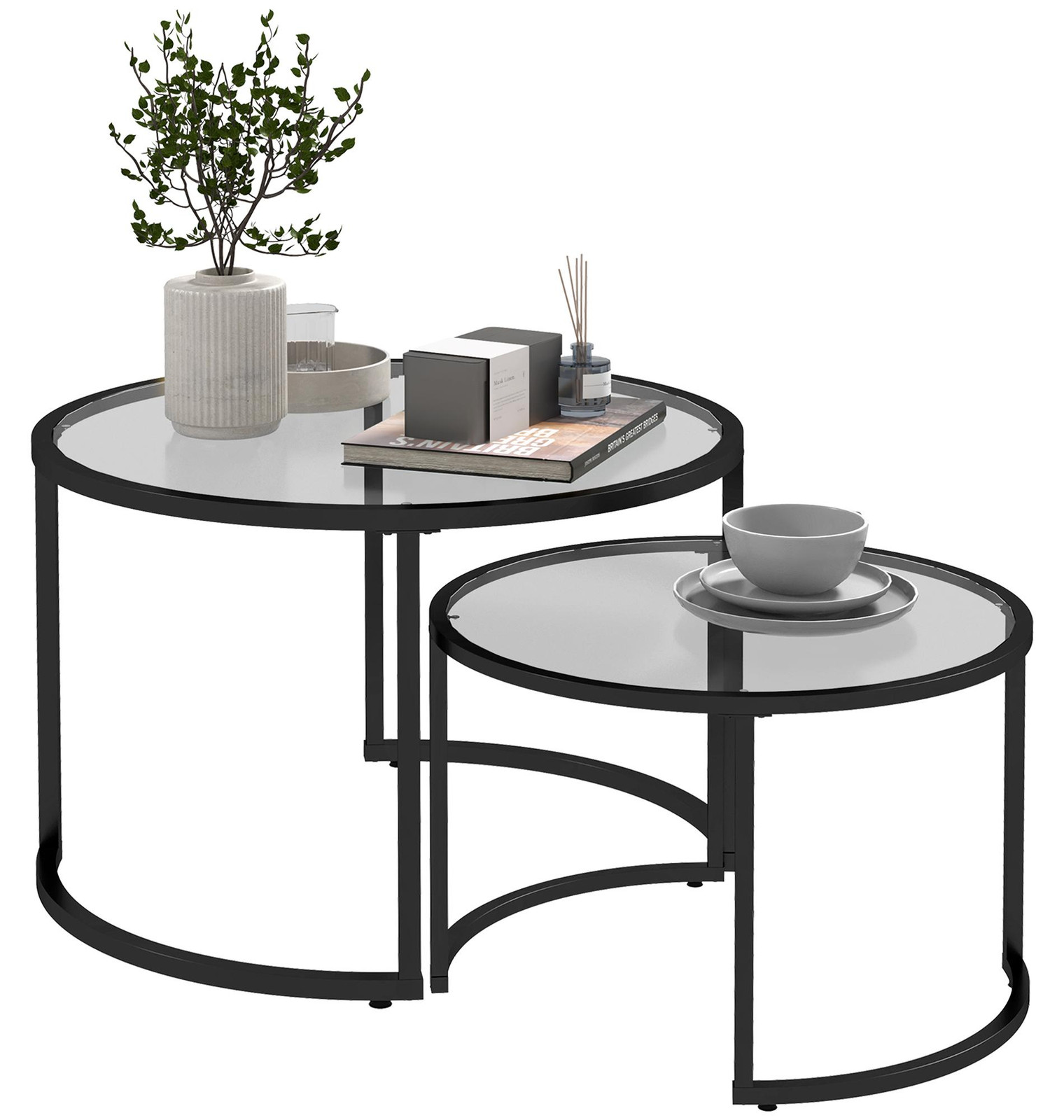 HOMCOM Set van 2 bijzettafels met stalen frame, zwart