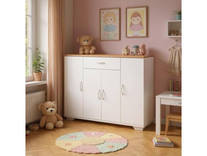 HOMYLIN Kinderkleiderschrank mit Eichenholzplatte, 1 Schublade und doppellagigen Fächern, MDF-Leinenstruktur mit verstellbaren Regalen, Weiß