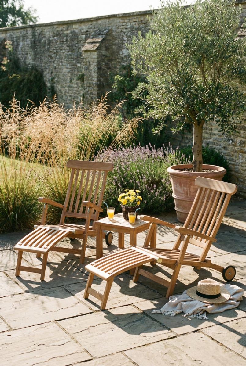 Teakea - Florida Lounge-Set für den Garten - Gartentisch mit Untergestell + 2 Liegestühle mit Rollen - Exklusives Teakholz-Lounge-Set