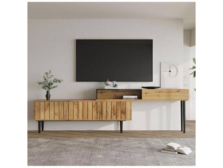 Meuble TV 180 cm Meuble TV en Bois Modèle de Marbre en PVC Conception en Gradins Meuble Tele Banc TV Stand Bois Foncé