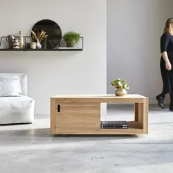 Couchtisch 100x60 cm aus unbehandeltem Teakholz rechteckig mit Schiebetür