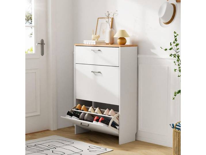 Meuble à chaussures - ALIGHTUP - 2 Portes Battantes et tiroir 63.5x24x94cm Blanc
