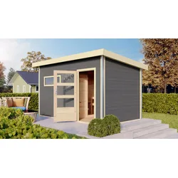 Karibu Saunahaus Skrollan 3 mit Vorraum terragrau Moderne Saunatür (Klarglas) 9 kW Ofen inkl. Huum Wlan Steuergerät mit App-Funktion inkl. gratis Zubehörpaket im Wert von 126,96€