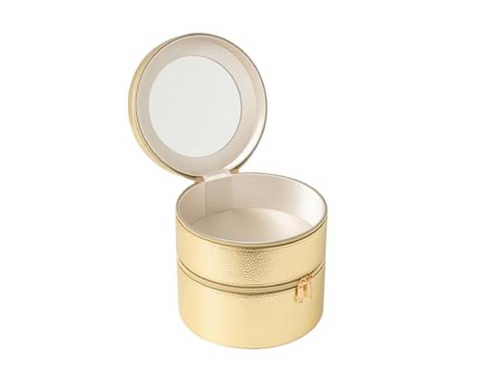 J-Line COSMETIEKBOX ROND+Spiegel KUNSTLEER GOUD