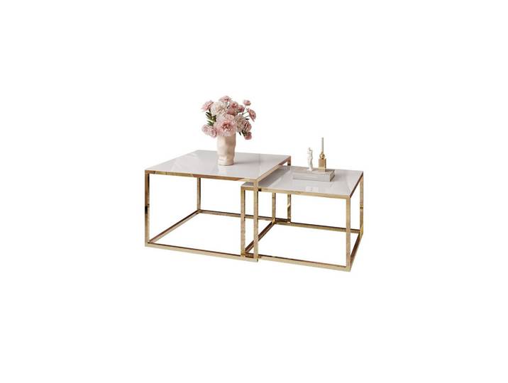COUCHTISCH YOSHI 2in1 70/70/41 cm Gold chrom / Weißes Glas