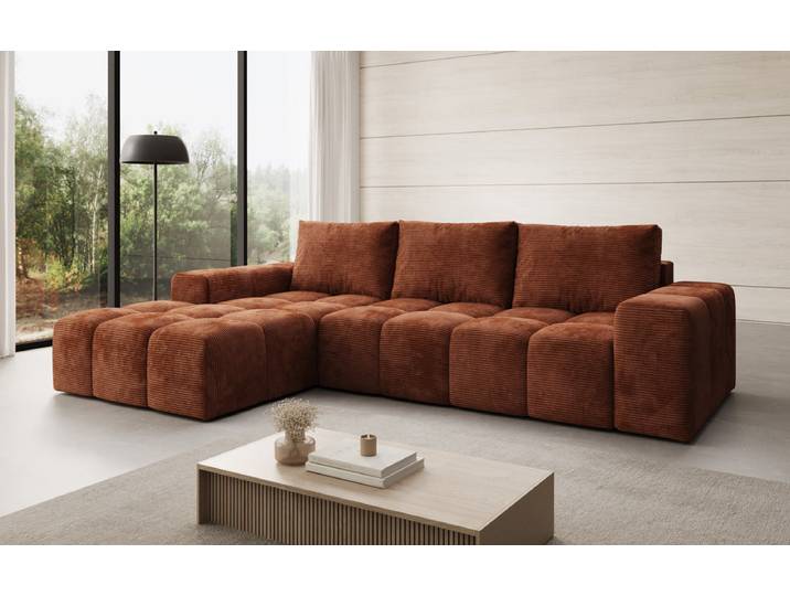 Designer Ecksofa Aila mit Schlaf- und Klappfunktion in Cord - Cord - Terrakotta - Links - Luxusbetten24