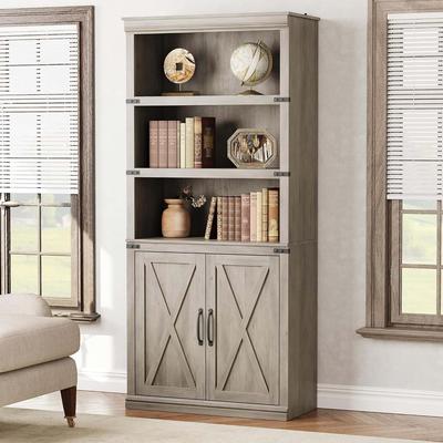 Garvee "68.7"" 5-Tier Farmhouse Wooden Bookcase with Cabinet Doors, Grey"