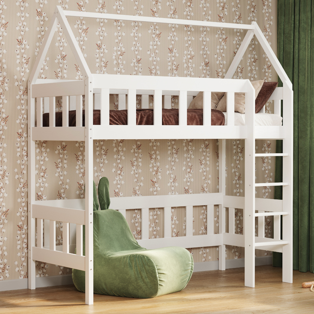 Loft Bed Hausbett Etagenbett Kinder Hochbett Mit Treppe Kinderhochbett Hoch Bett Erwachsene Jugendliche, 80x190 weiß