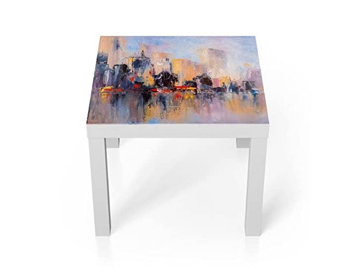 DEQORI Glastisch weiß klein 55x55 cm Motiv Wolkenkratzer am Wasser ausgefallener Beistelltisch aus Glas Hochglanz Couchtisch fürs Wohnzimmer moderner Couch Tisch mit Design