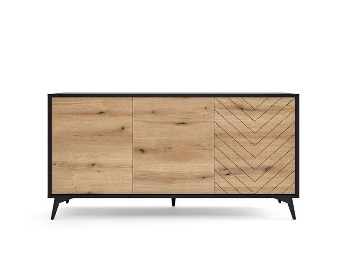 MOEBLO Kommode Onyks K154 (Sideboard Wohnzimmer Kommode Schlafzimmer Komodenschrank Highboard, schwarz/eiche Evoke Fischgrät, moderne Design), (HxBxT):77x154x39cm