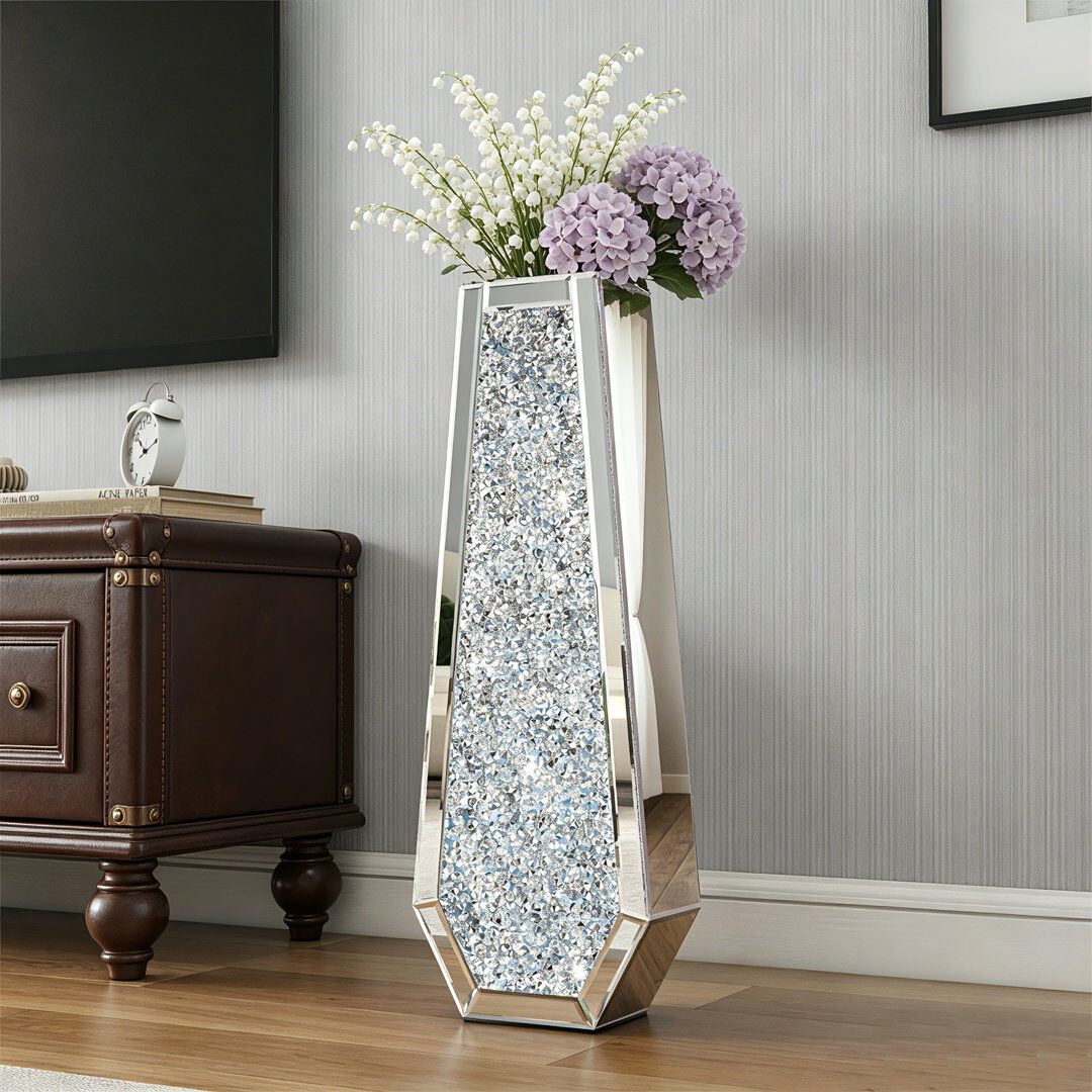 Rio Ankaj Mirrored Glass Flower Vase Tall Floor Vase Crystal Modern Glam Stylish Decor Silver 76cm H X 27cm W X 13.5cm D