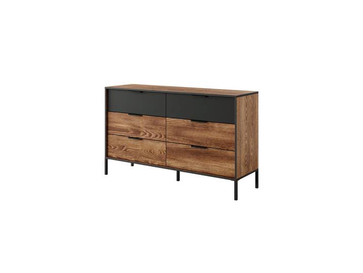 Ravio Kommode Melton B 137 cm Kastanie / Anthrazit - mit 6 Schubladen, Soft-Close und Metallfüßen, Kastanienfarben, Anthrazit, Holz, Metall, Eiche, Rechteckig, 137x81x39 cm, Kleinmöbel, Kommoden, Sideboards