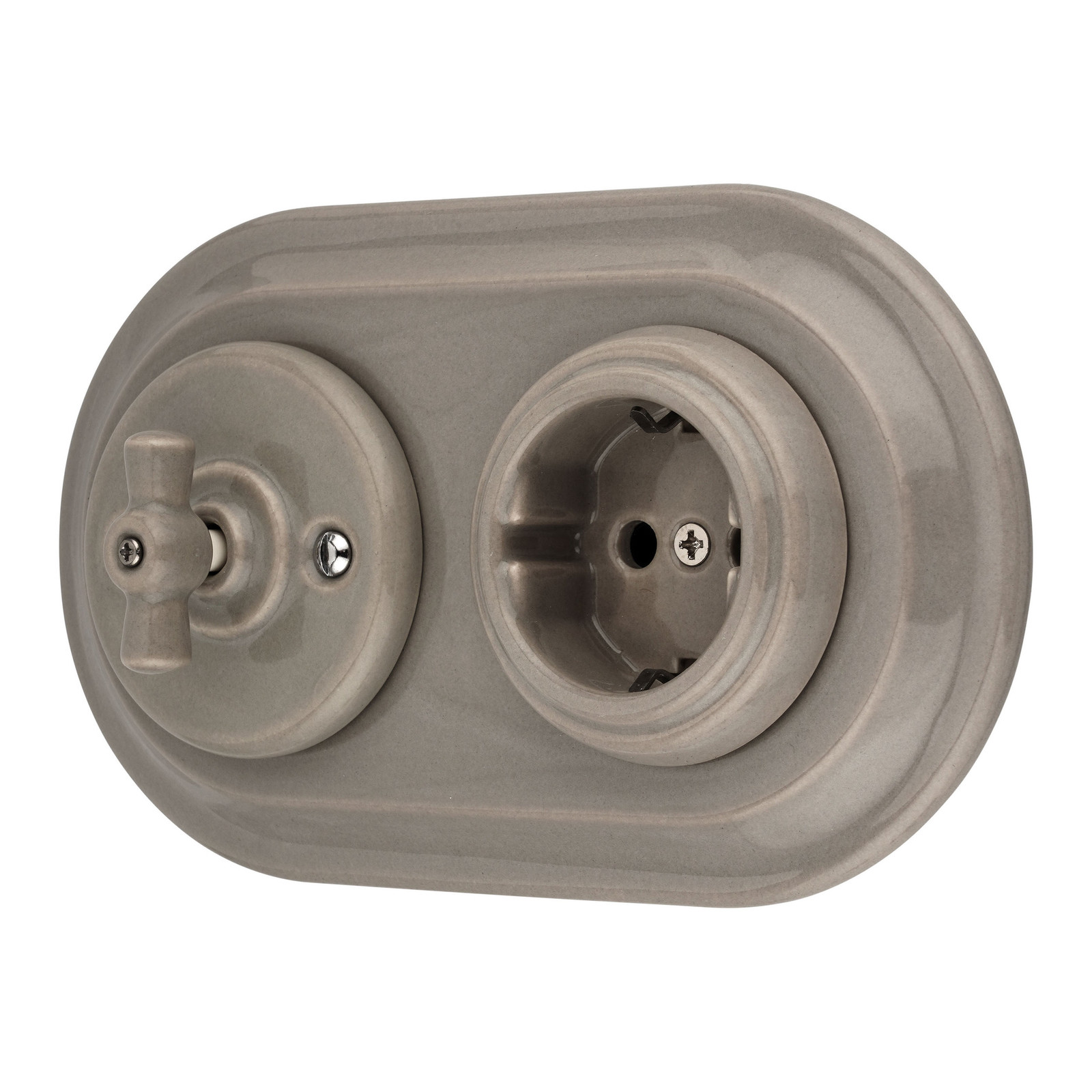 ADAKAT Inbouwstopcontact van porselein, retro-stijl, drukknop, 2-voudig, grijsbeige