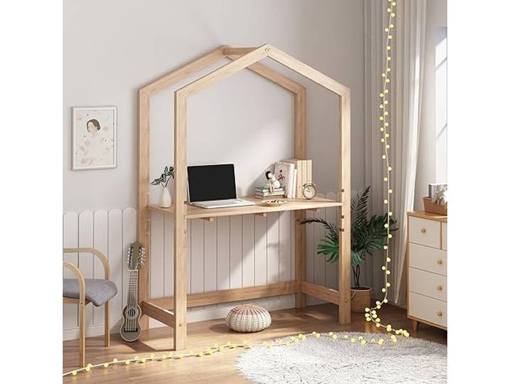 [en.casa] Kinderschreibtisch Suså Kinderspieltisch 4-stufig höhenverstellbar Holz Lernschreibtisch in Haus-Optik Zeichentisch