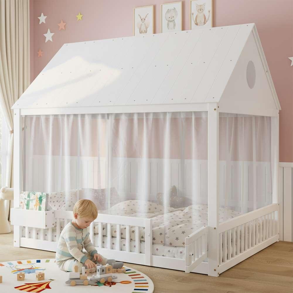 Kinder-Einzelbett aus Kiefer & MDF, mit filigranen Details und Stauraum, inkl. weißen Vorhängen, perfektes Design fürs Kinderzimmer, Maße: 140x200cm