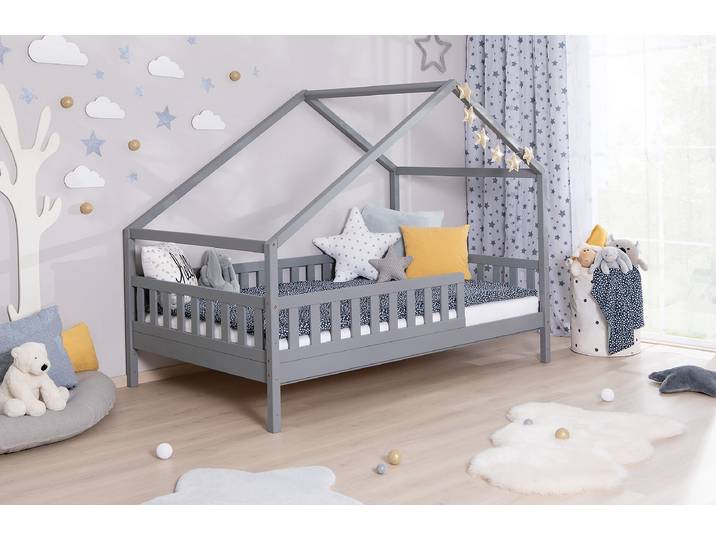 Lit maison massif Lou 140 x 200cm Avec sommier à lattes Gris/Pin gris