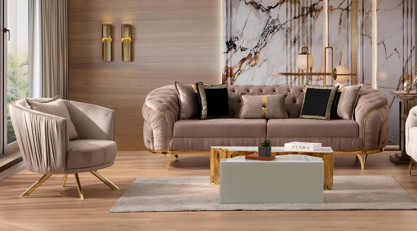 Moderne Chesterfield Designer Sofa met Textiel voor 3 Personen