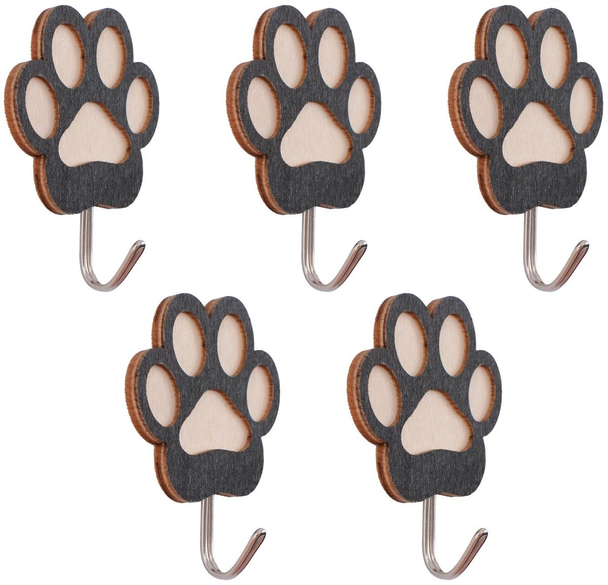 Dailygoods Beukenhouten Wandhaken - Hondenpoot Vorm - Zelfklevend - 5 stuks - 5 x 5 cm