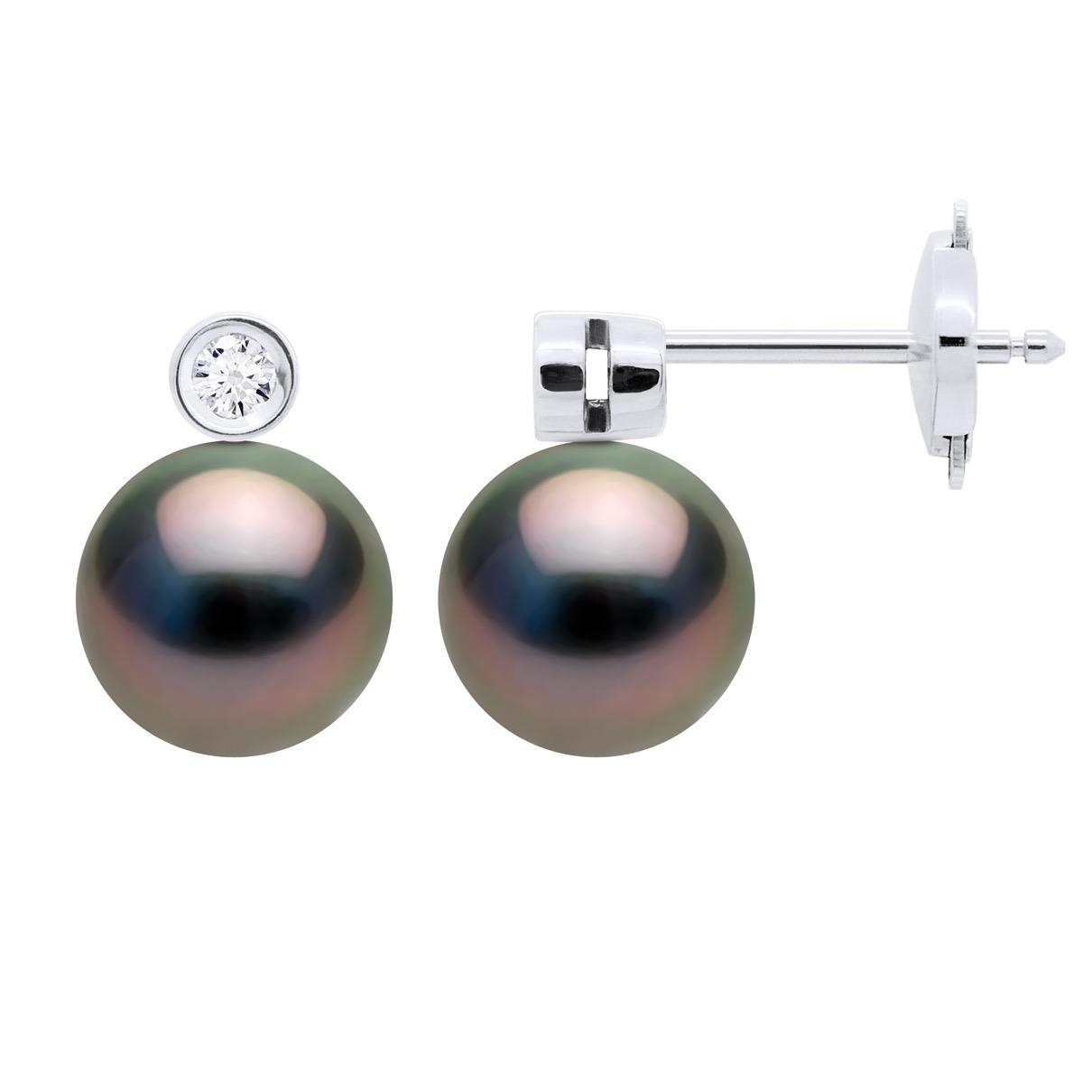 Ohrringe Schmuck Prestige Diamanten 0,06 cts – GESCHLOSSENES SET 2 x 0,03 cts – mit echten Tahiti-Zuchtperlen, rund 8–9 mm