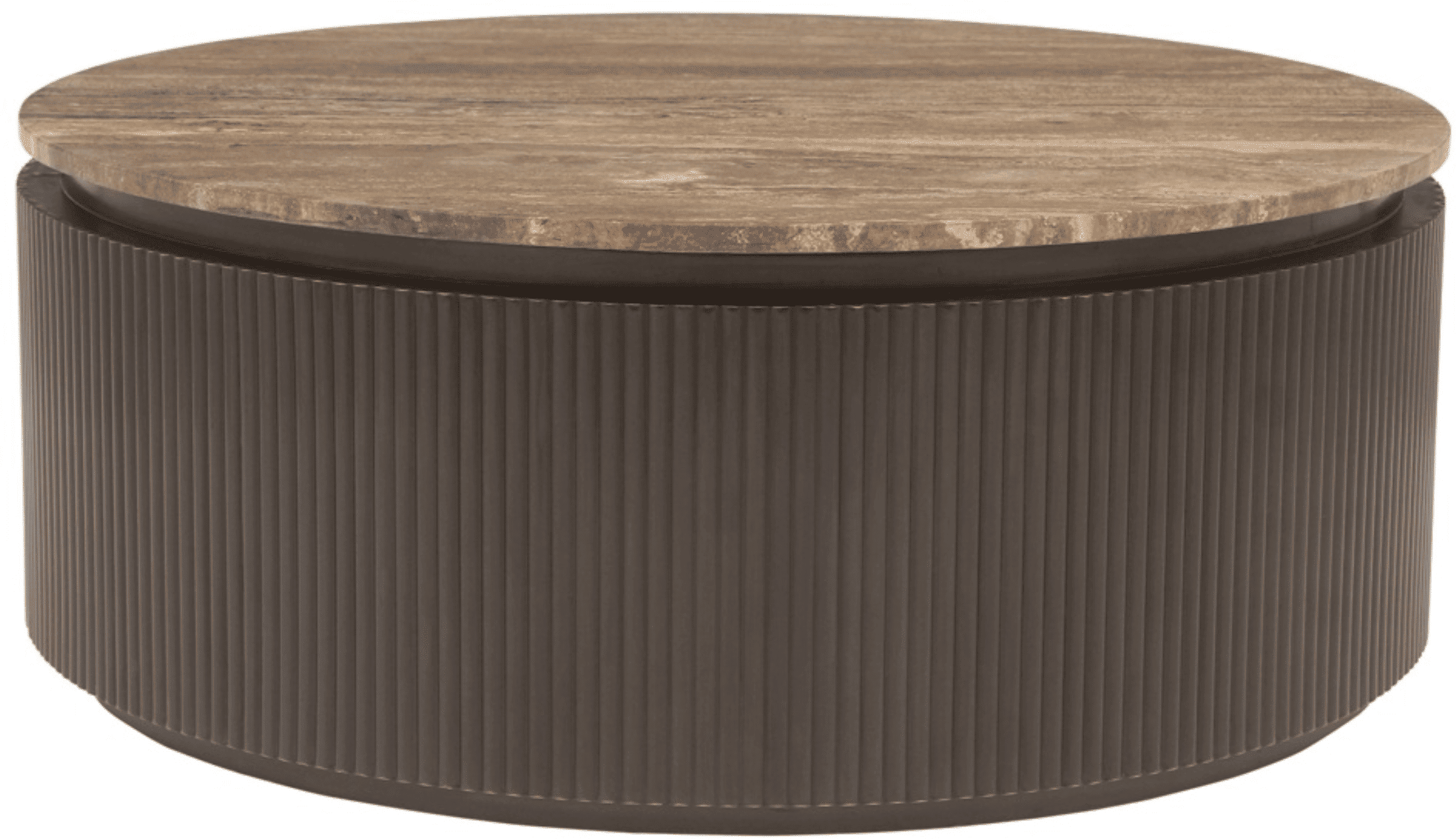 Aya Brown Ribbed Round Coffee Table with Travertine Top