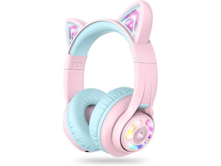 iClever BTH13 Casque Bluetooth pour Enfants Oreilles de Chat, Rose