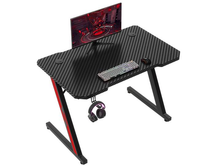 Table de jeu 80x52 cm, bureau de jeu, table pour PC avec crochet pour casque et revêtement en fibre de carbone