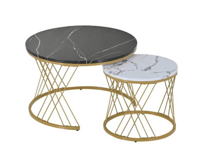 Table basse gigogne - Rond - Motif marbre - Cadre doré - Lot de 2