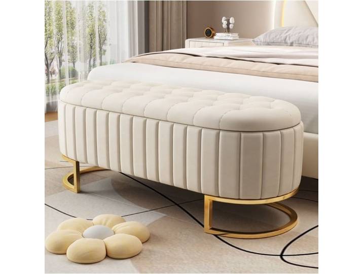 COVREO Banquette coffre 120 cm en velours beige avec assise rembourrée et pieds en métal