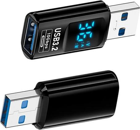 INF USB-A naar USB-A adapter met digitaal display, 2 stuks - Zwart