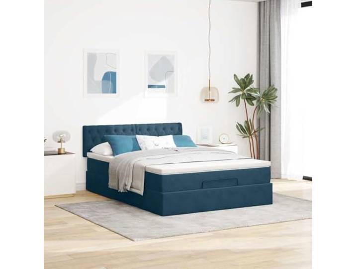 KTHLBRH Boxspringbett mit Matratze, 140 x 190 cm, Dunkelblau Weicher Samt, Taschenfedern, hydraulisches Heben, Kopfteil inklusive, Matratzenschoner