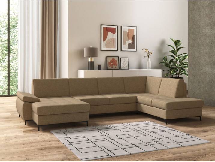 Wohnlandschaft DOMO COLLECTION Capelo, bequem, Breite 348cm, klare Linien - klares Design, U-Form , beige, B:348cm H:84cm T:204cm, 100% Polyester, Sofas, Wohnlandschaft, mit Armteilverstellung, wahlweise mit Bettfunktion, Federkern