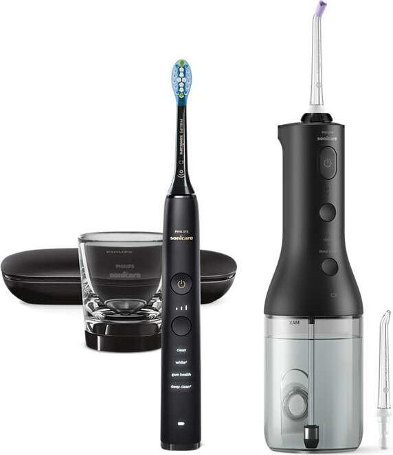 Philips kabelloser Power Flosser 3000 HX3866/43 Wasser-Flosser + DiamondClean 9000 - schwarz, Schwarz, Kabellose Munddusche, Tasten, Batterie, Built-in, 2 min