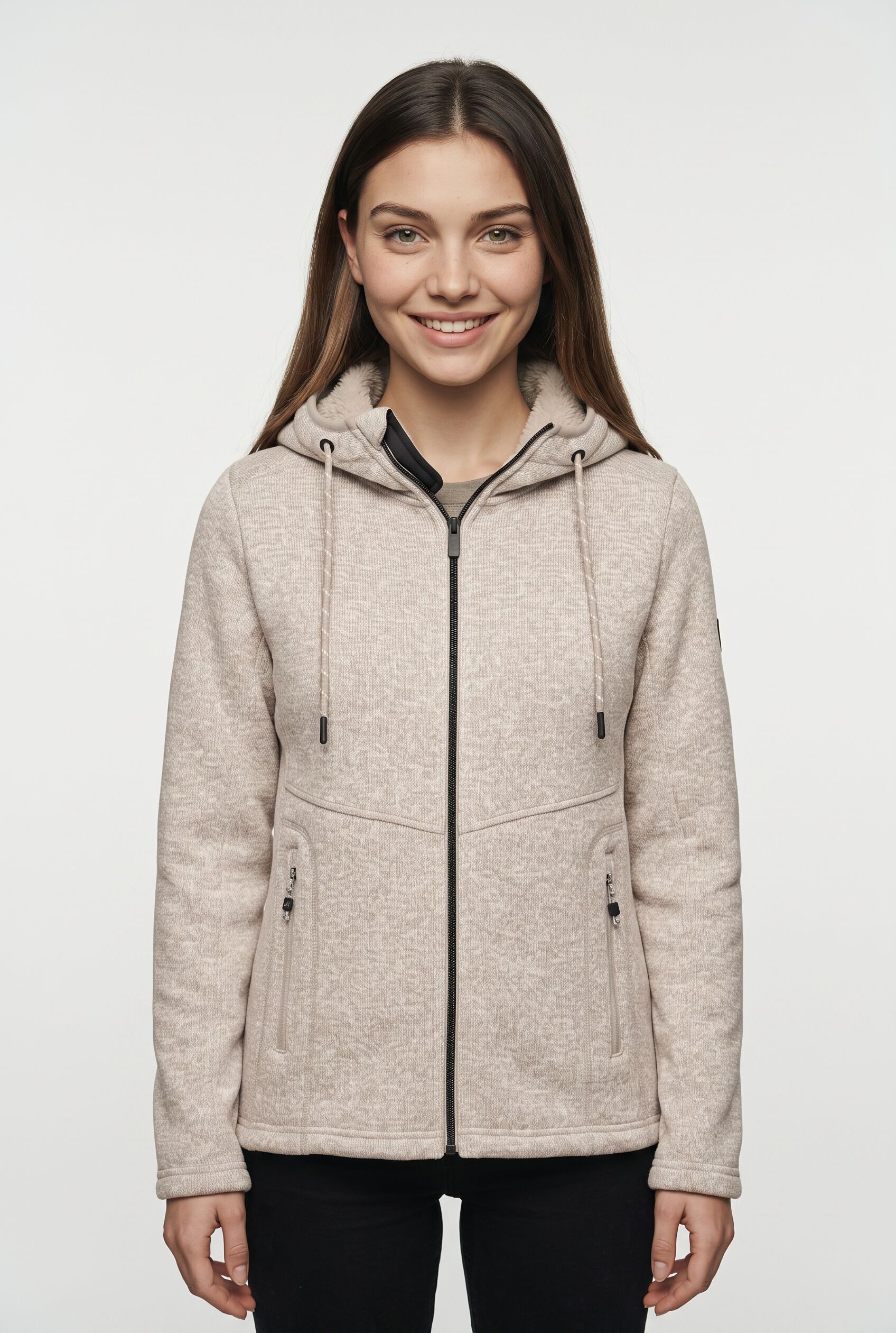 Strickfleecejacke KILLTEC "KOW 41 WMN KNTFLC JCKT", Damen, Gr. 42, beige (weißer sand), Obermaterial: 100% Polyester, unifarben, Jacken Strickfleecejacke, mit Teddyfell weißer sand 42