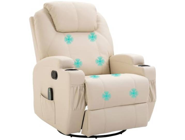 HOMCOM Relaxsessel Massagesessel mit Liegefunktion Vibration Cremeweiß Fernsehsessel, Fußteil, Seitentasche, TV Sessel, Liegesessel, Ruhesessel, für Wohnzimmer