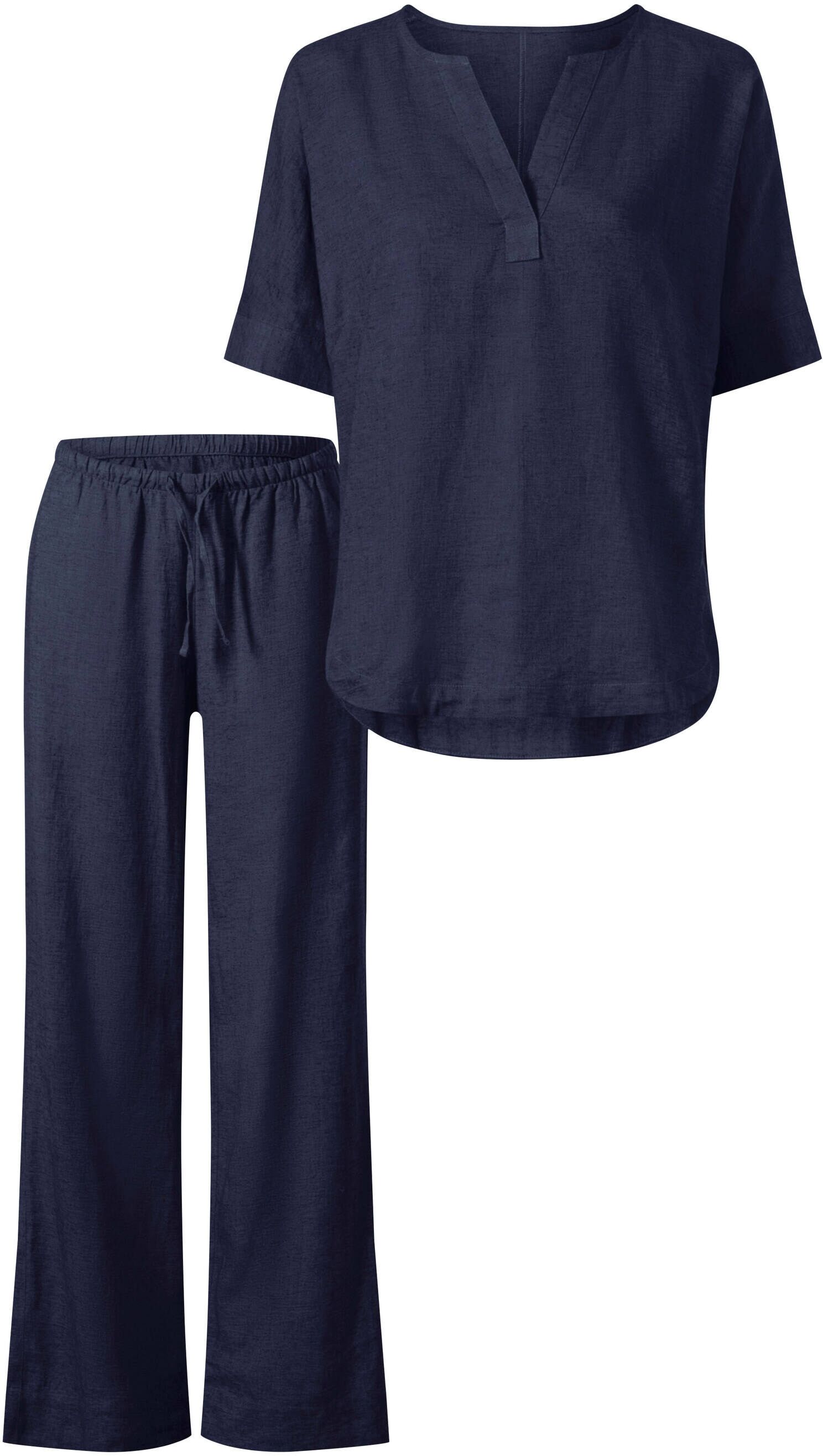 Business-Kostüm HEINE "Bluse + Hose Hosenanzug mit Leinen", Damen, Gr. 40, marine, Modisch, Kostüme Business-Kostüm