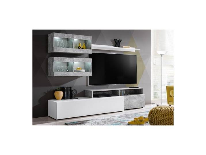 Composition murale design SLITE blanc mat et gris effet béton avec meubles TV vitrines suspendues et LED
