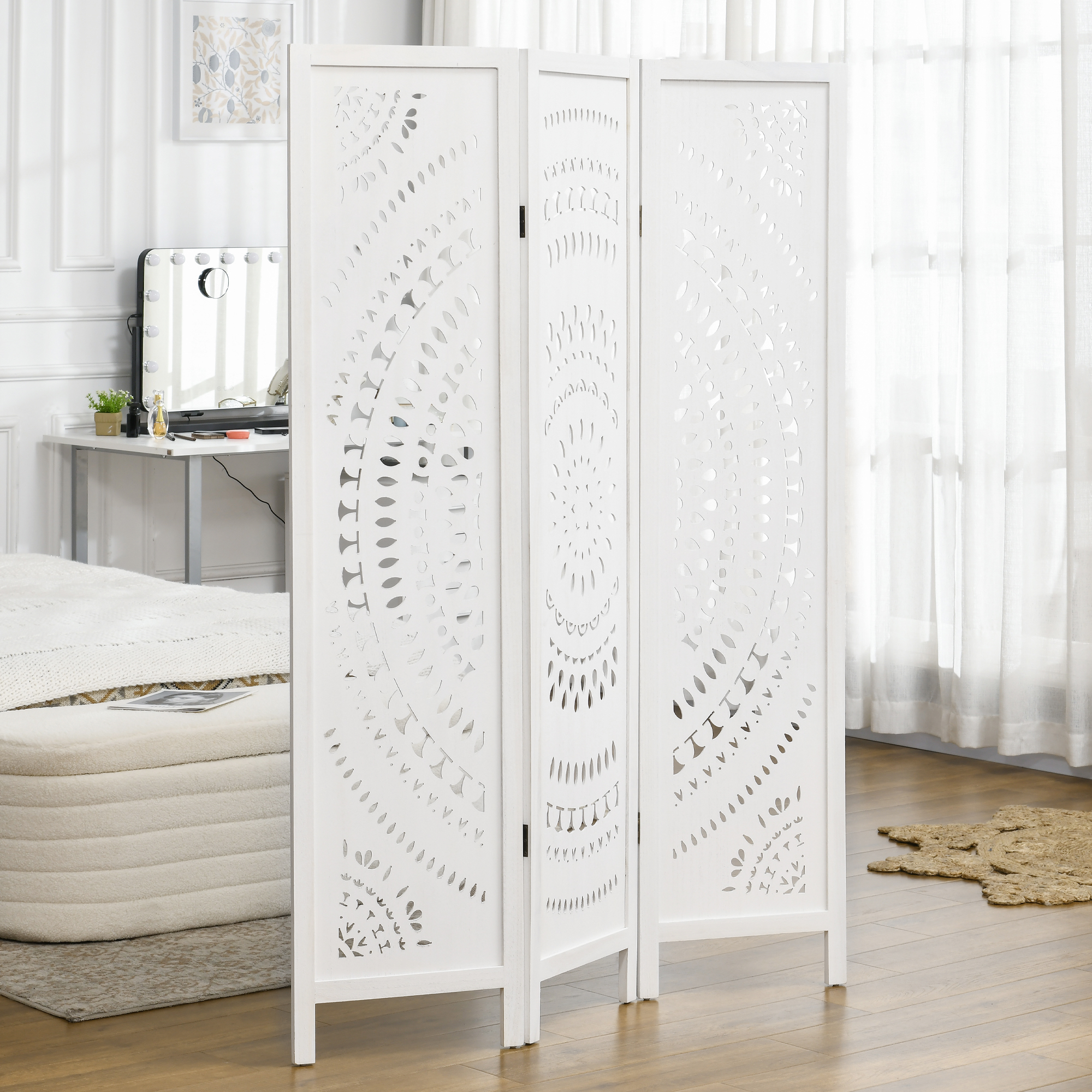 Homcom Separé Paravento da Interni Pieghevole a 3 Pannelli in Legno Intagliato, 120x170cm, Bianco